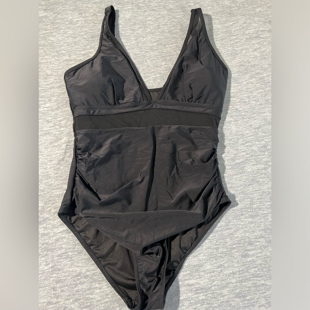 1 piece swimsuit swimwear women’s L illusion cut out deep v ruched high back new